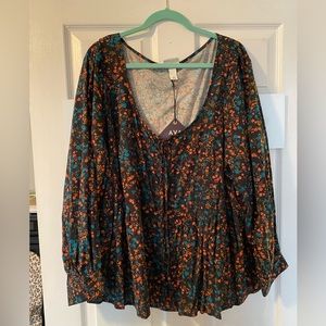 Ava and Viv Black Floral Long sleeve Peplum Top